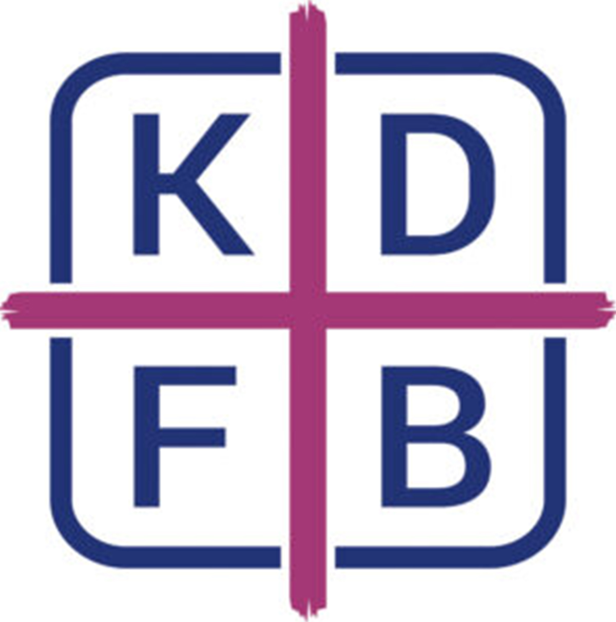 Logo: Quadrat, geteilt durch ein lila Kreuz mit den Buchstaben K, D, F und B.