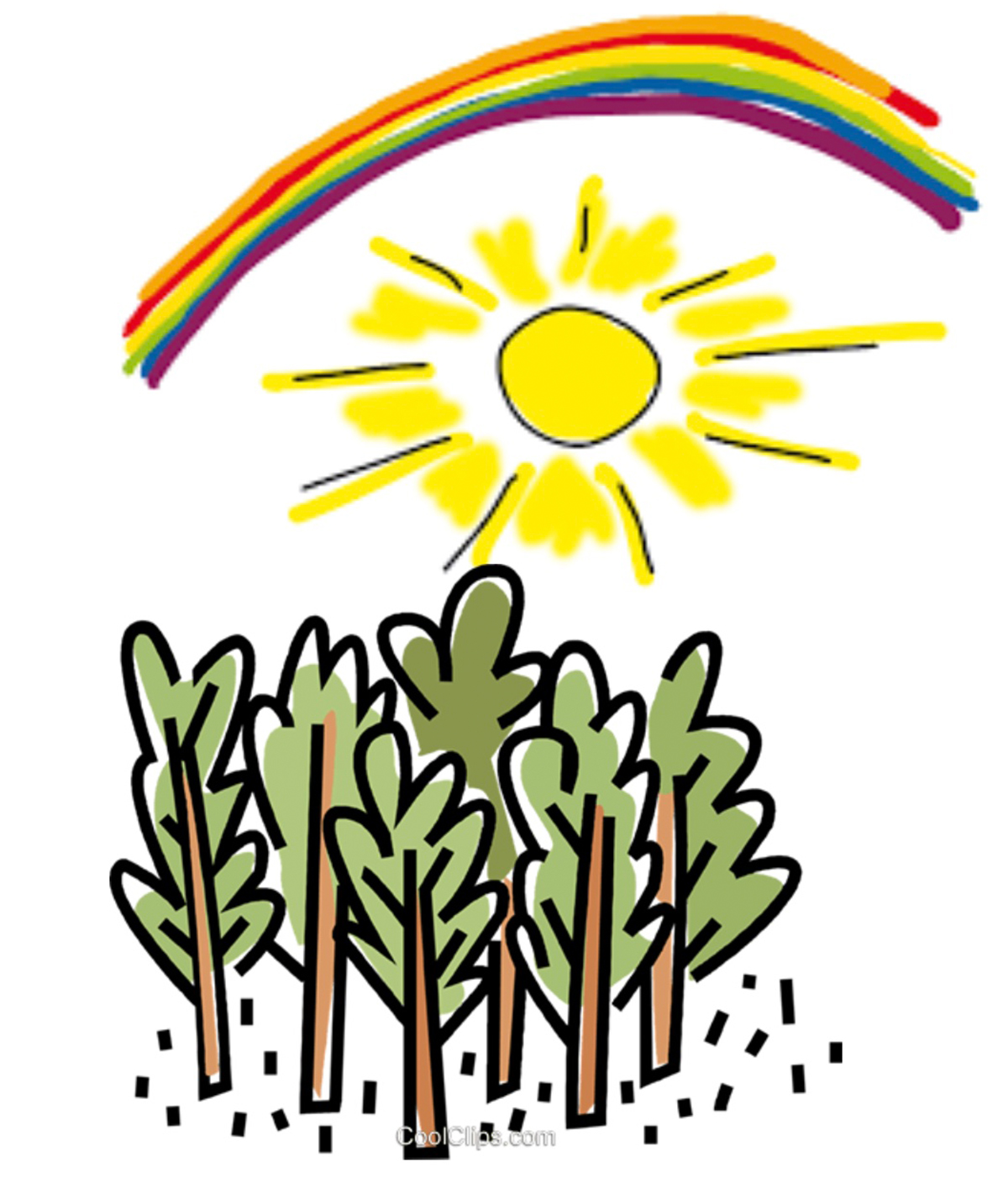 Einfache Zeichnung eines Regenbogens, einer Sonne und stilisierter Bäume.