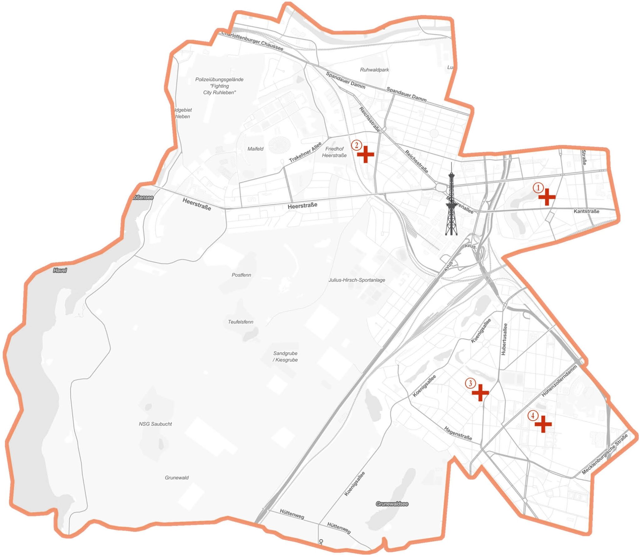 Karte eines Stadtgebiets mit vier nummerierten roten Kreuz-Symbolen.